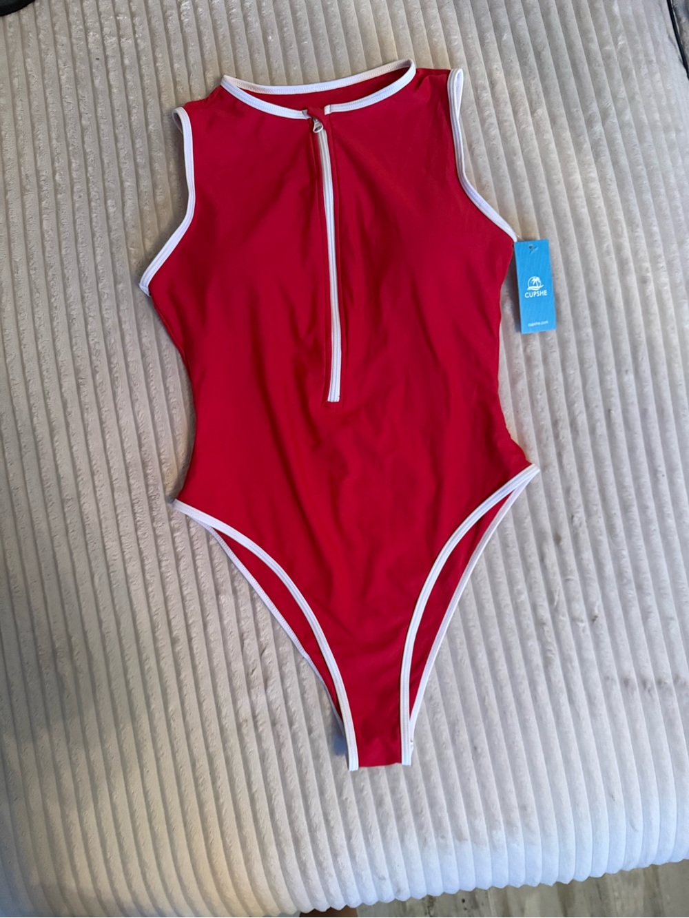 Cupshe Red One-Piece Swimsuit with White Trim and Front Zip